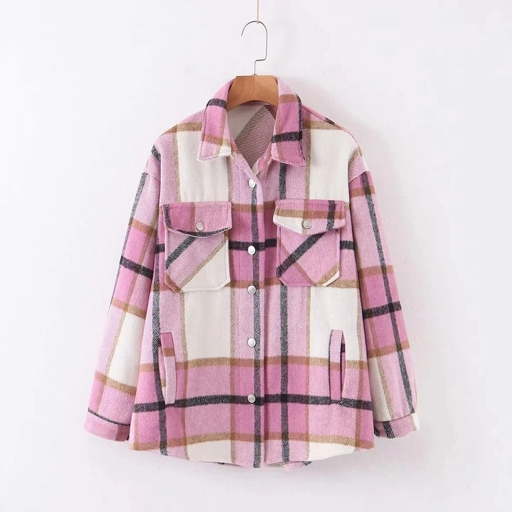 Imysty Womens Casual Plaid Wool Blend Shacket Button Down Long Sleeve Lapel Collar Shirts Coats