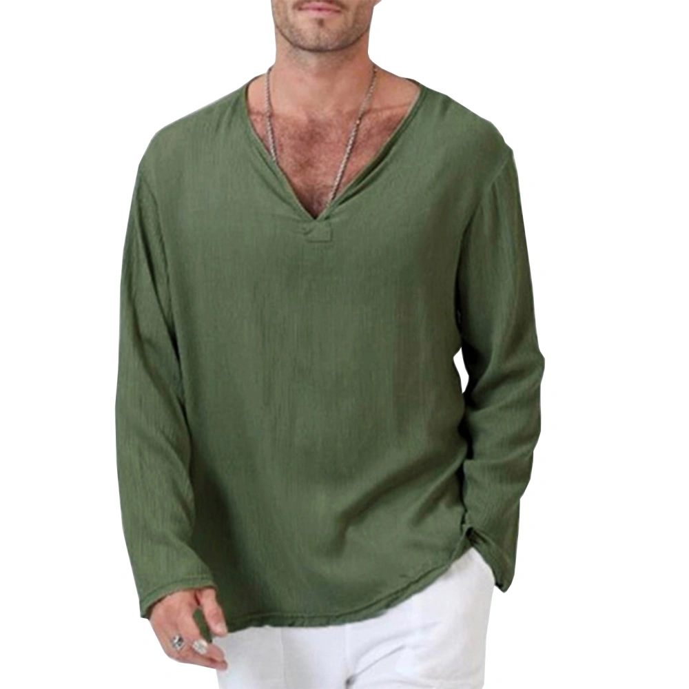 Men Fashion Long Sleeve Rayon Linen Ethnic V Neck Pullover Casual Shirts