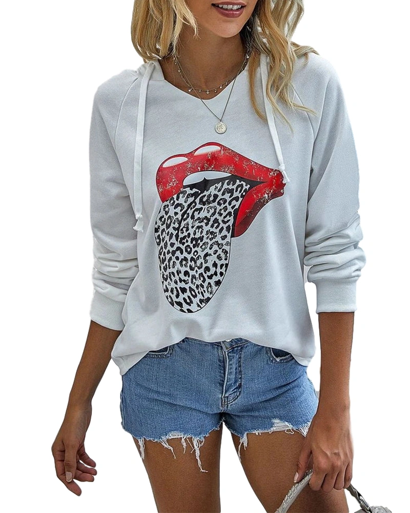 BRUBOBO Womens V Neck Lips Graphic Hoodies Oversized Long Sleeve Lightweight Leopard Tunic Sweatshirts