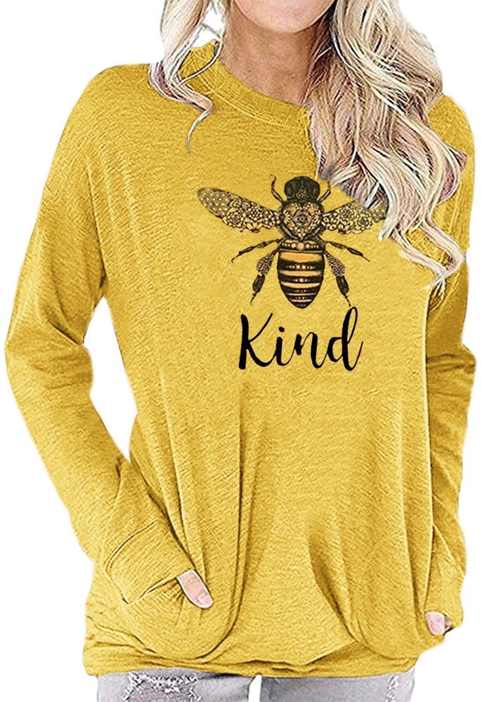 Pfvkeree Bee Kind Cute T Shirts Women Long Sleeve Cute Bee Graphic Shirts Funny Inspirational Blouse Tops