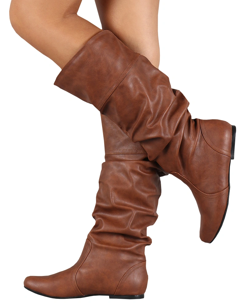 Syktkmx Womens Slouchy Flat Knee High Boots Wide Calf Pull On Fall Winter Motorcycle Boots