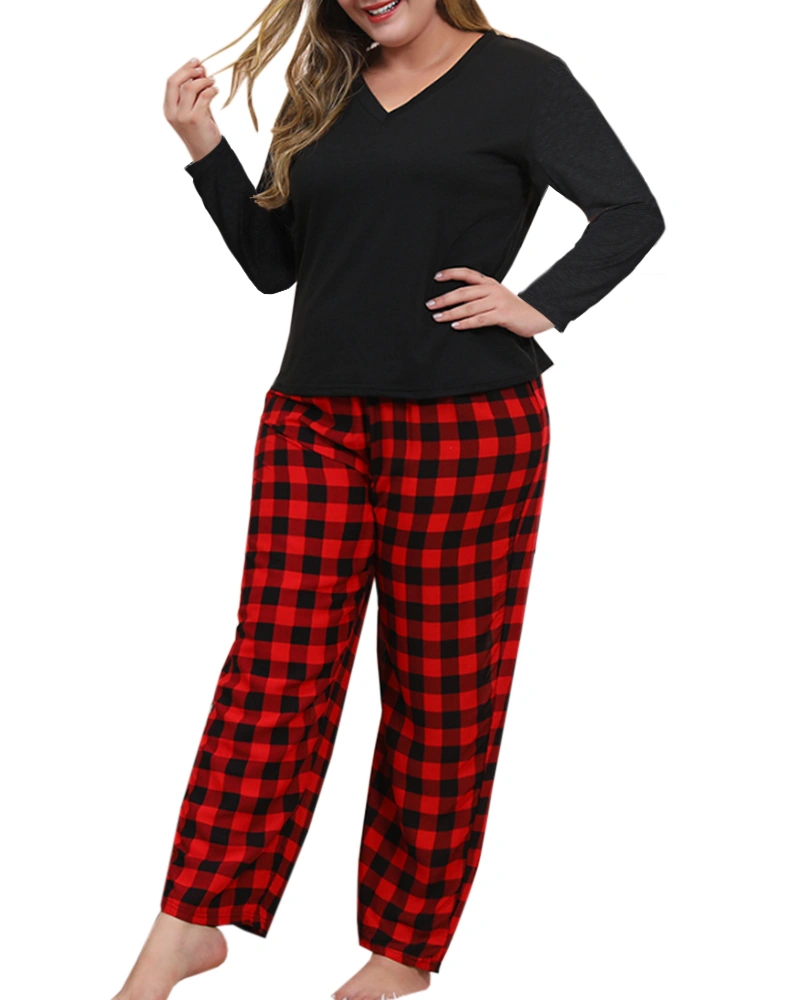 Women Plus Size Pajamas Set Plaid Lounge Pants V-Neck Short Sleeve Cotton T Shirt 2 Piece Sleepwear