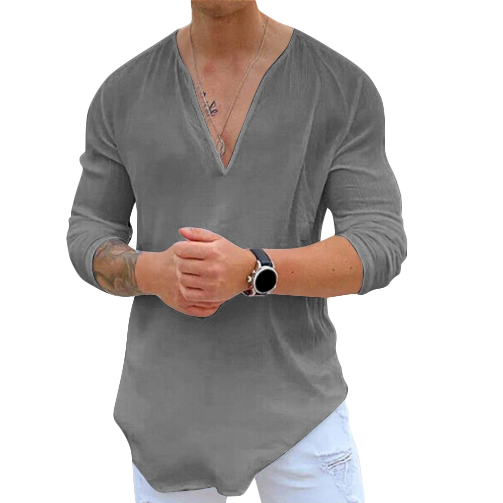 Esobo Men's V-Neck Shirt Solid Color Long Sleeve Tops Casual Fashion Comfortable