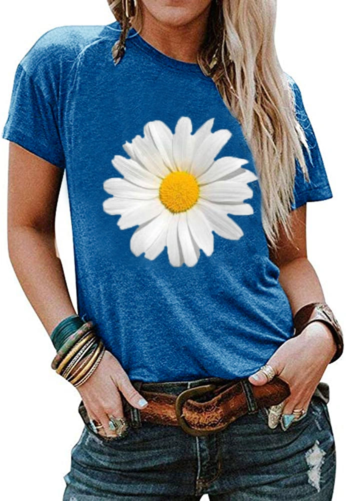 BRUBOBO Womens Summer T Shirts Short Sleeve Cute Daisy Graphic Casual Tops Tees