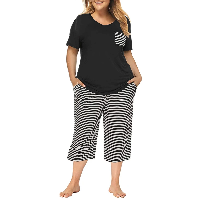 Tongmingyun Plus Size Pajamas Capris Pants Set Striped for Women Sleep Shirts Loungewear Sleepwear 3X 4X 5X