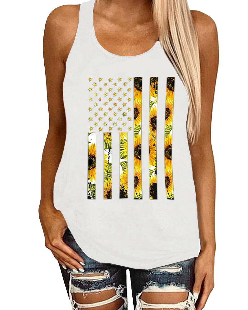 Ferrtye Womens Summer Sunflower Racerback Tank Tops American Flag Print Sleeveless Loose Fit Casual Shirts