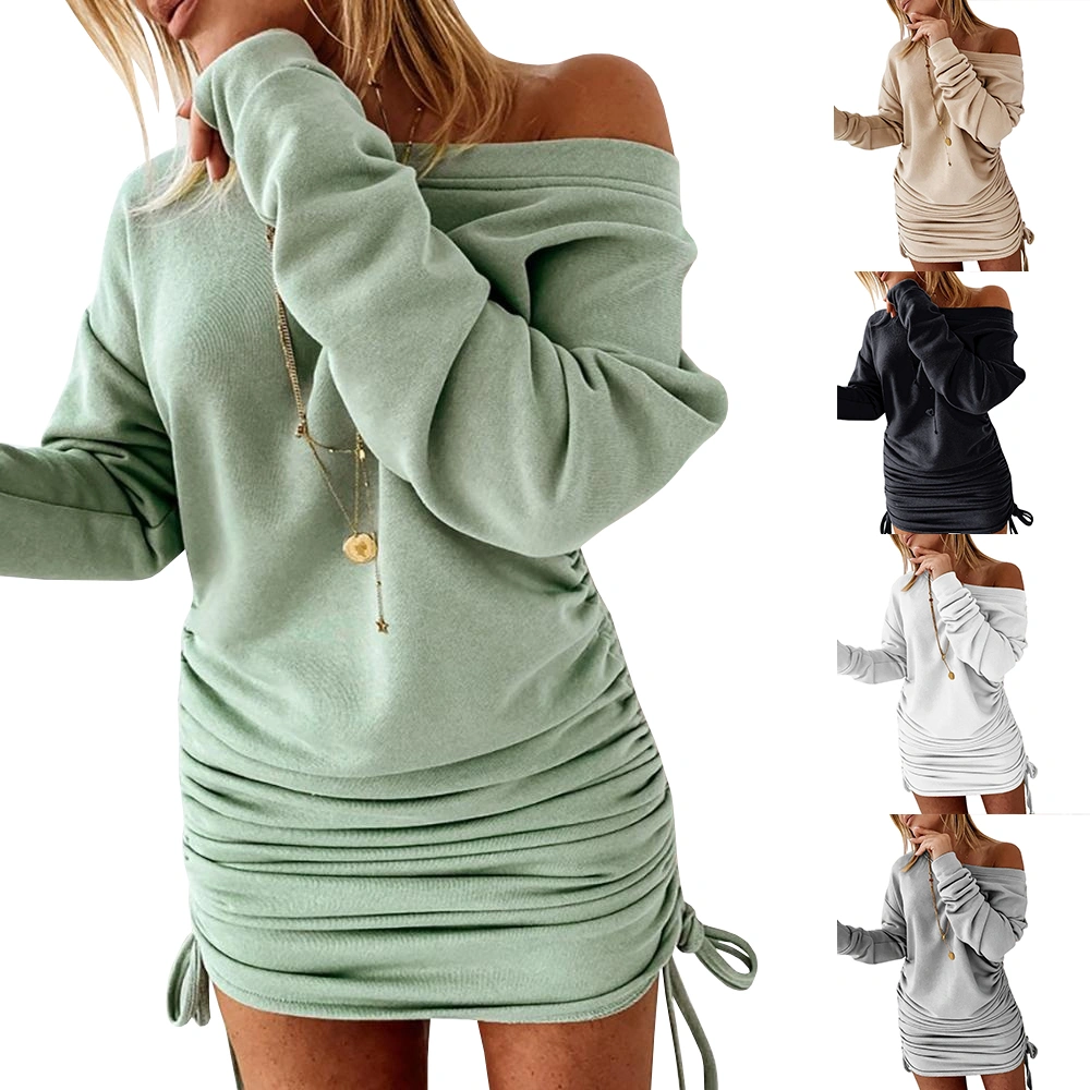 Esobo Women Long Sleeve Crew Neck Bodycon Ruched Dresses Casual Pullover Drawstring Short Mini Sweatshirt Dress