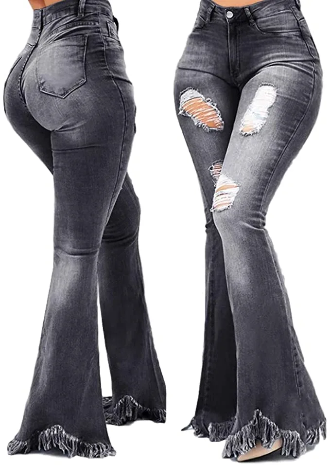 Koodred Womens Ripped Flare Jeans High Waist Distressed Ripped Casual Bell Bottom Long Denim Pants