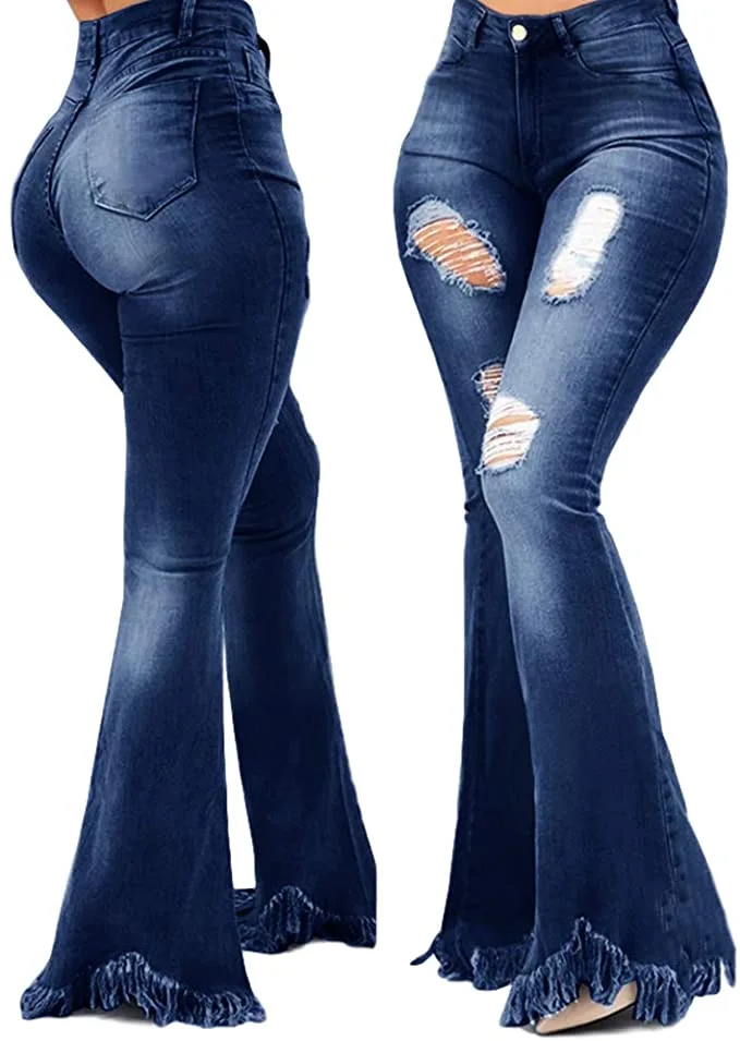 Koodred Womens Ripped Flare Jeans High Waist Distressed Ripped Casual Bell Bottom Long Denim Pants