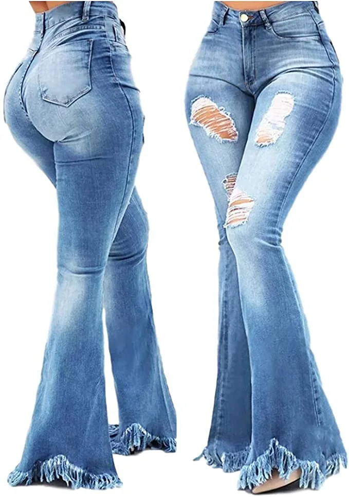 Koodred Womens Ripped Flare Jeans High Waist Distressed Ripped Casual Bell Bottom Long Denim Pants