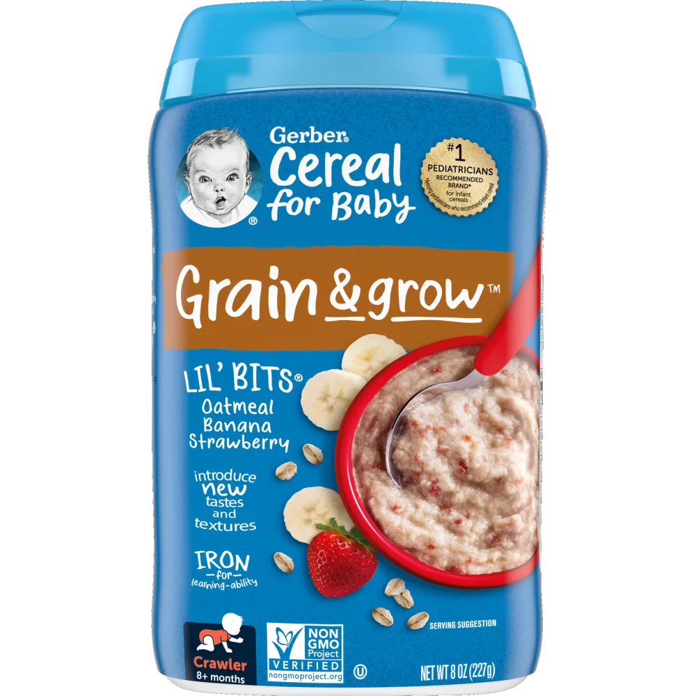 Gerber 3rd Foods Cereal for Baby Grain and Grow Lil' Bits Baby Cereal, Banana Strawberry Oatmeal, 8oz Canister