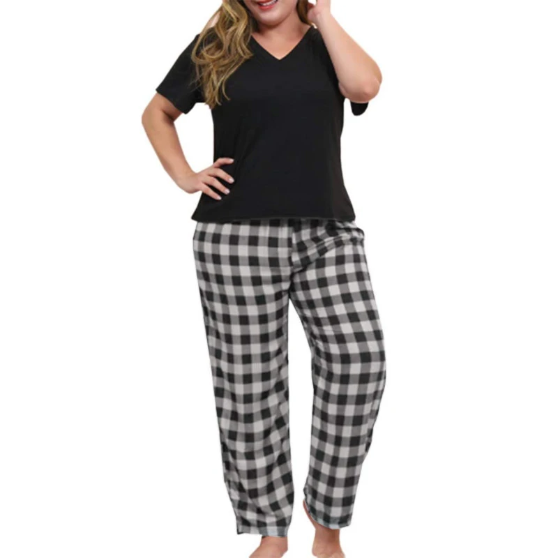 Women Plus Size Pajamas Set Plaid Lounge Pants V-Neck Short Sleeve Cotton T Shirt 2 Piece Sleepwear