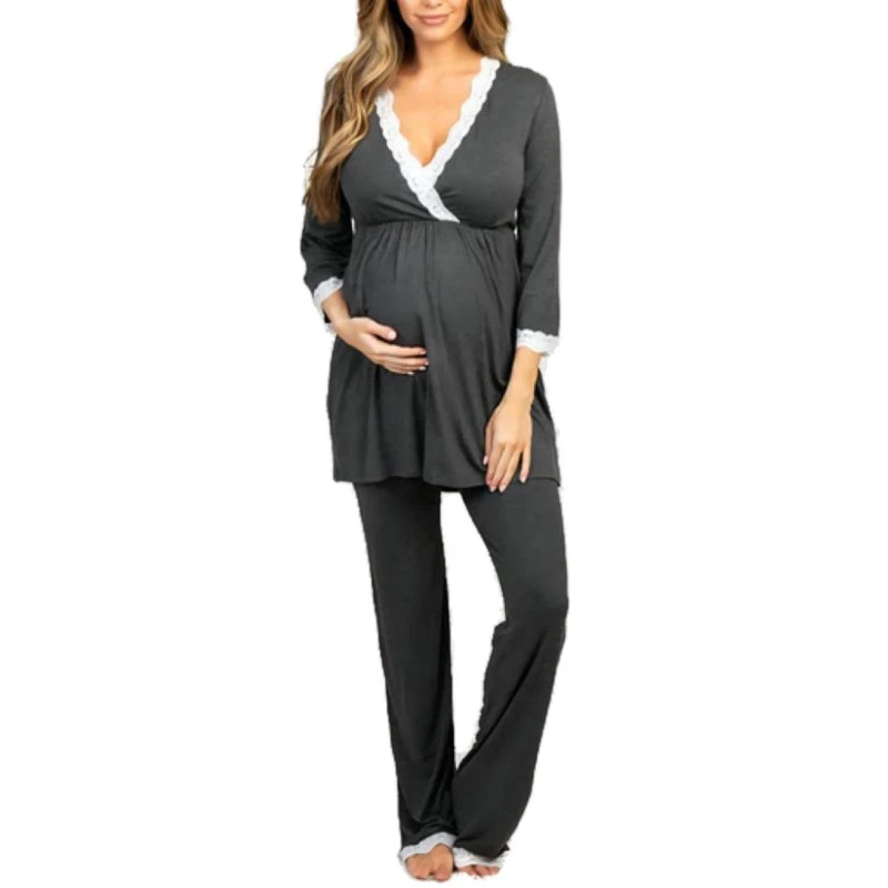 Womens Cotton Maternity Pregnancy Soft Nursing Pajama Sets Sleepwear Long Sleeves for delivery Breastfeeding in Hospital