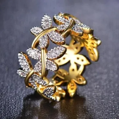 Butterfly Points Female Flower Plated Real Gold Ring