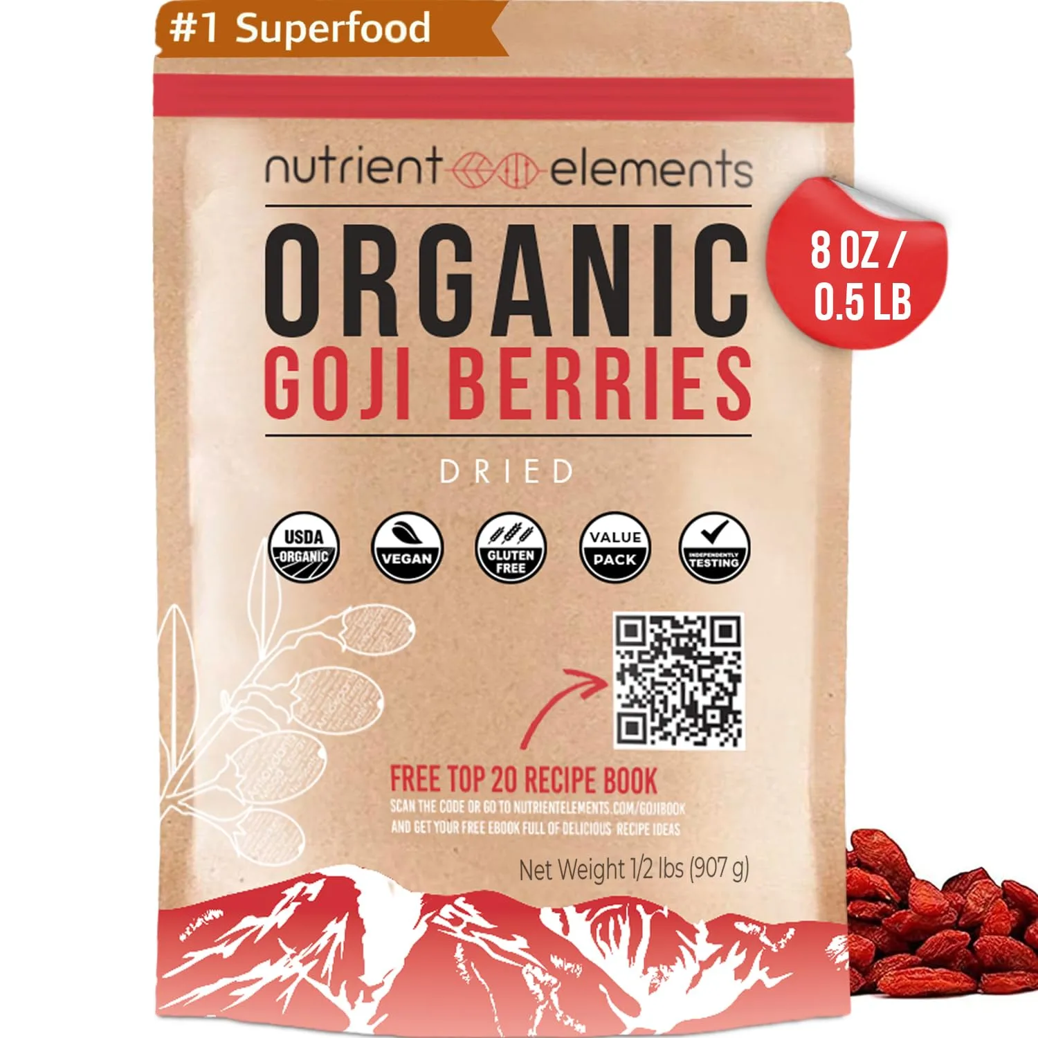 New Nutrient Elements Premium Organic, Raw & Dried Goji Berries 1/2 LB. USDA Certified Natural Superfood. Extra Large, Non-GMO Berries with Resealable Bag. Includes Free Recipes E-Book…
