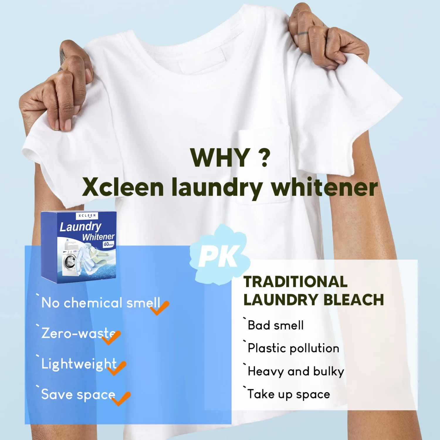 Xcleen Laundry Whitener Sheets 60 count, Chlorine Free, Fragrance Free Bleach for White Clothes, Safe for Use in All Washing Machines