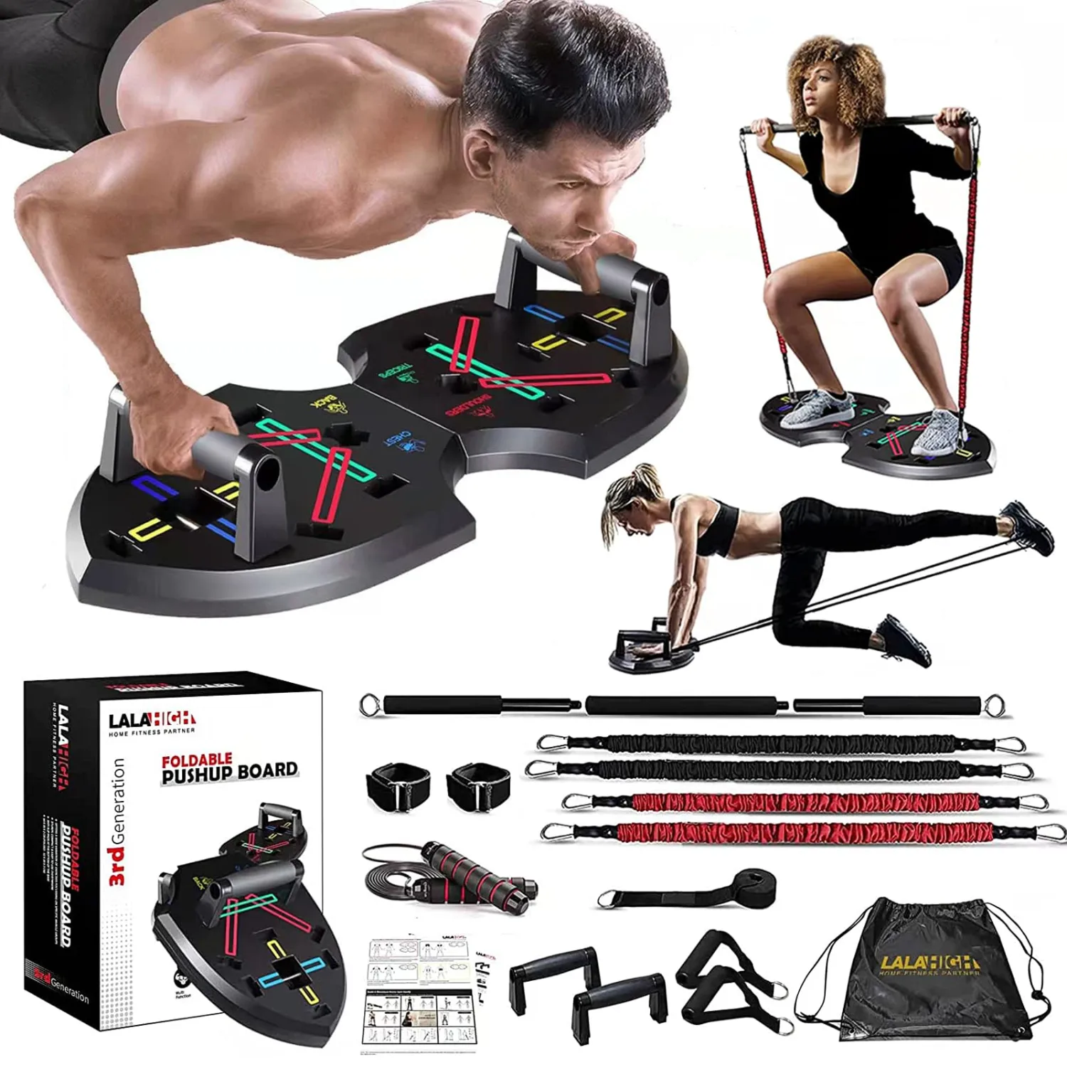 LALAHIGH Portable Exercise Equipment with 22 Gym Accessories, 25 in 1 Push Up Board Fitness,Pushup Board Work from Home Fitness with Resistance Bands, Ab Roller Wheel,Full Body Workout at Home for Men and Women