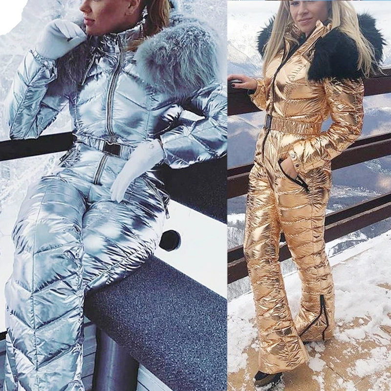 Women Winter Onesies Ski Suit Fur Collar coat Ski Jumpsuit Snowsuit