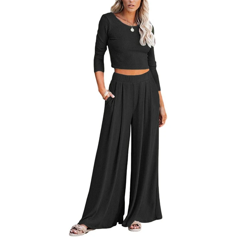 Lveberw Lounge Set Womens, Outfits Sets, Ribbed Crop Top Long Sleeve, Palazzo Pants - Loose Sweatsuit Knit,2 Piece Pajamas