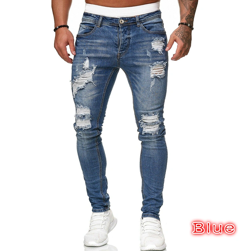Koodred Men's Ripped Tapered Leg Pants Distressed Destroyed Skinny Slim Fit Stretch Denim Pants Jeans