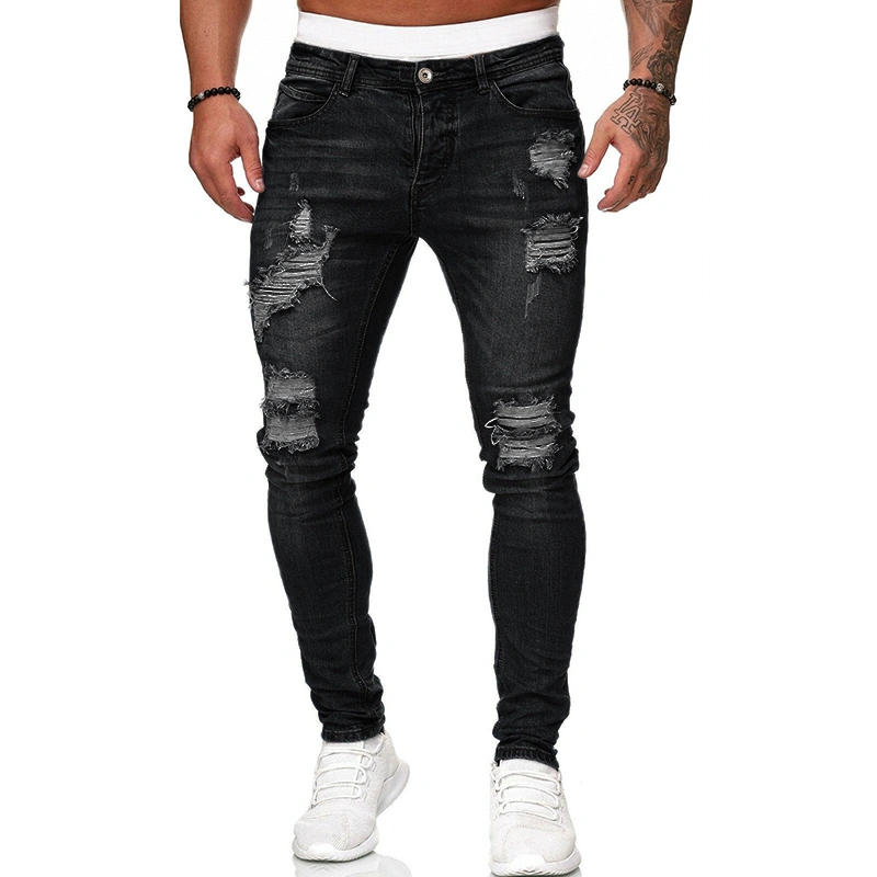 Koodred Men's Ripped Tapered Leg Pants Distressed Destroyed Skinny Slim Fit Stretch Denim Pants Jeans