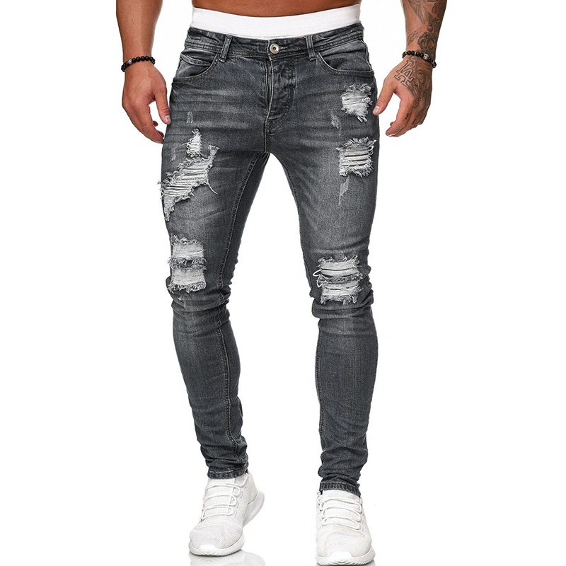 Koodred Men's Ripped Tapered Leg Pants Distressed Destroyed Skinny Slim Fit Stretch Denim Pants Jeans