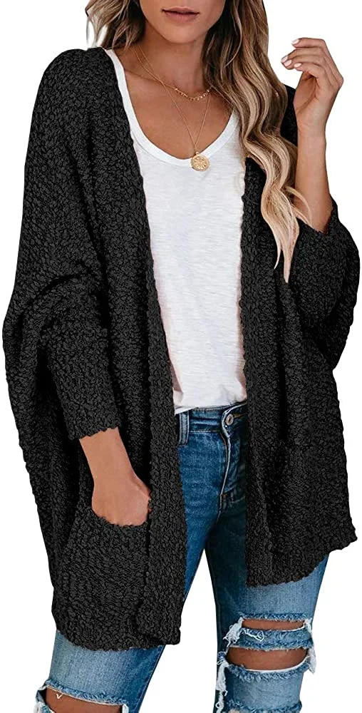 Yskkt Womens Plus Size Fuzzy Popcorn Cardigan Sweaters Open Front Batwing Sleeve Loose Knit Cloak Outwear with Pockets