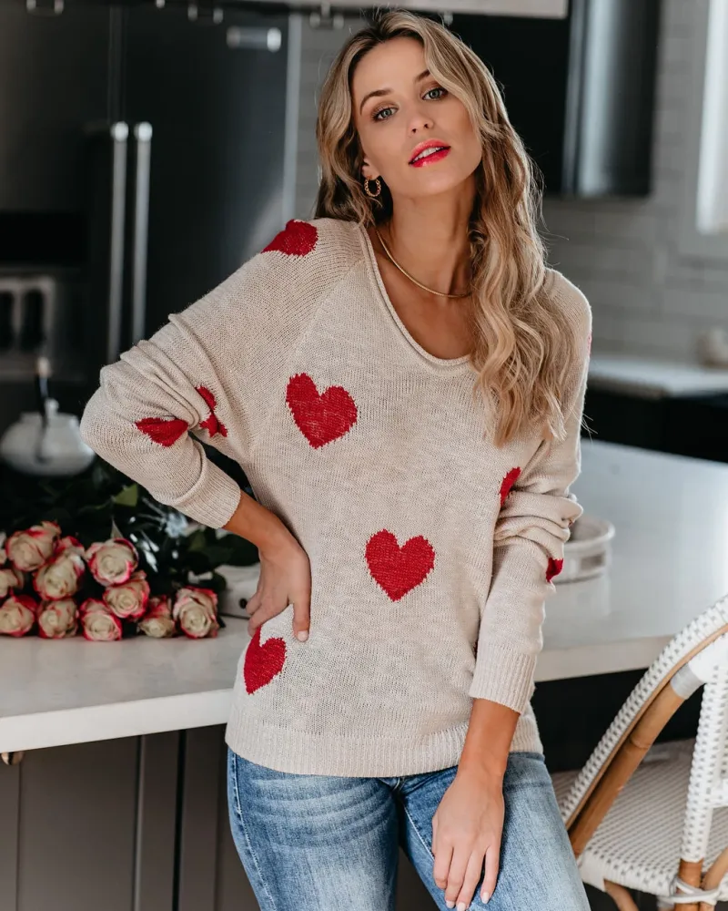 Sherrylily Womens Lightweight Pullover Off Shoulder Batwing Sleeve Heart Print Sweaters Knit Shirts Slounchy Tops