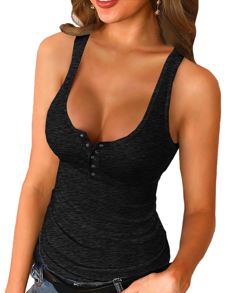 Womens Scoop Neck Henley Tank Tops Low Cut Solid Sexy Summer Sleeveless Button Down Shirts