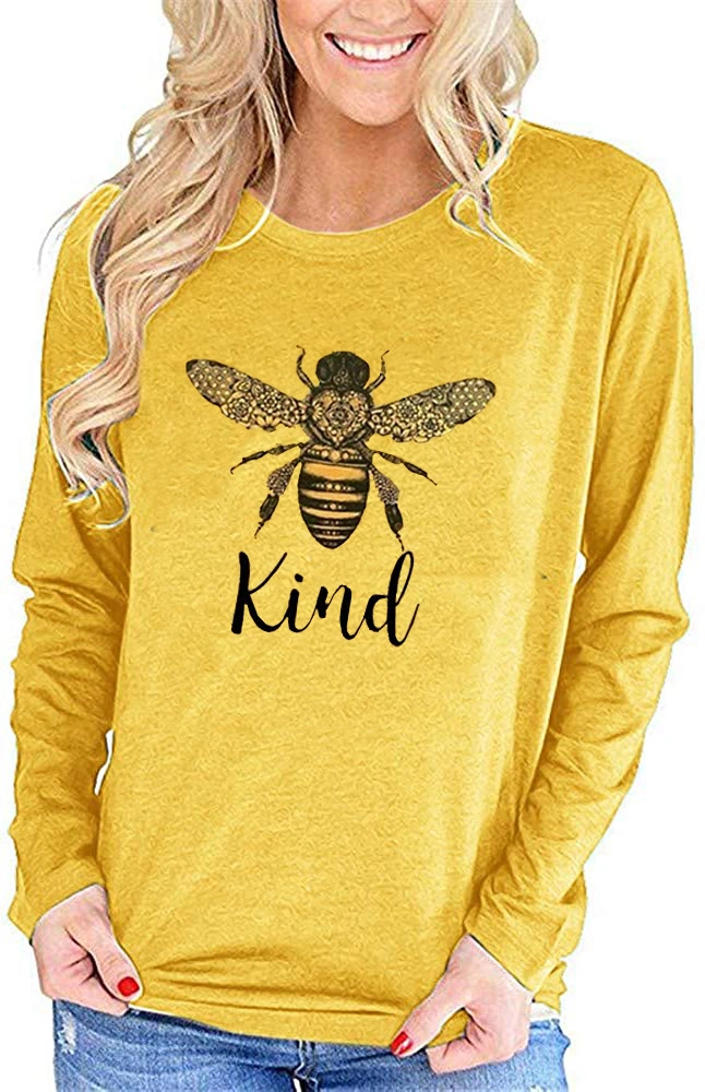 Pfvkeree Bee Kind Cute T Shirts Women Long Sleeve Cute Bee Graphic Shirts Funny Inspirational Blouse Tops