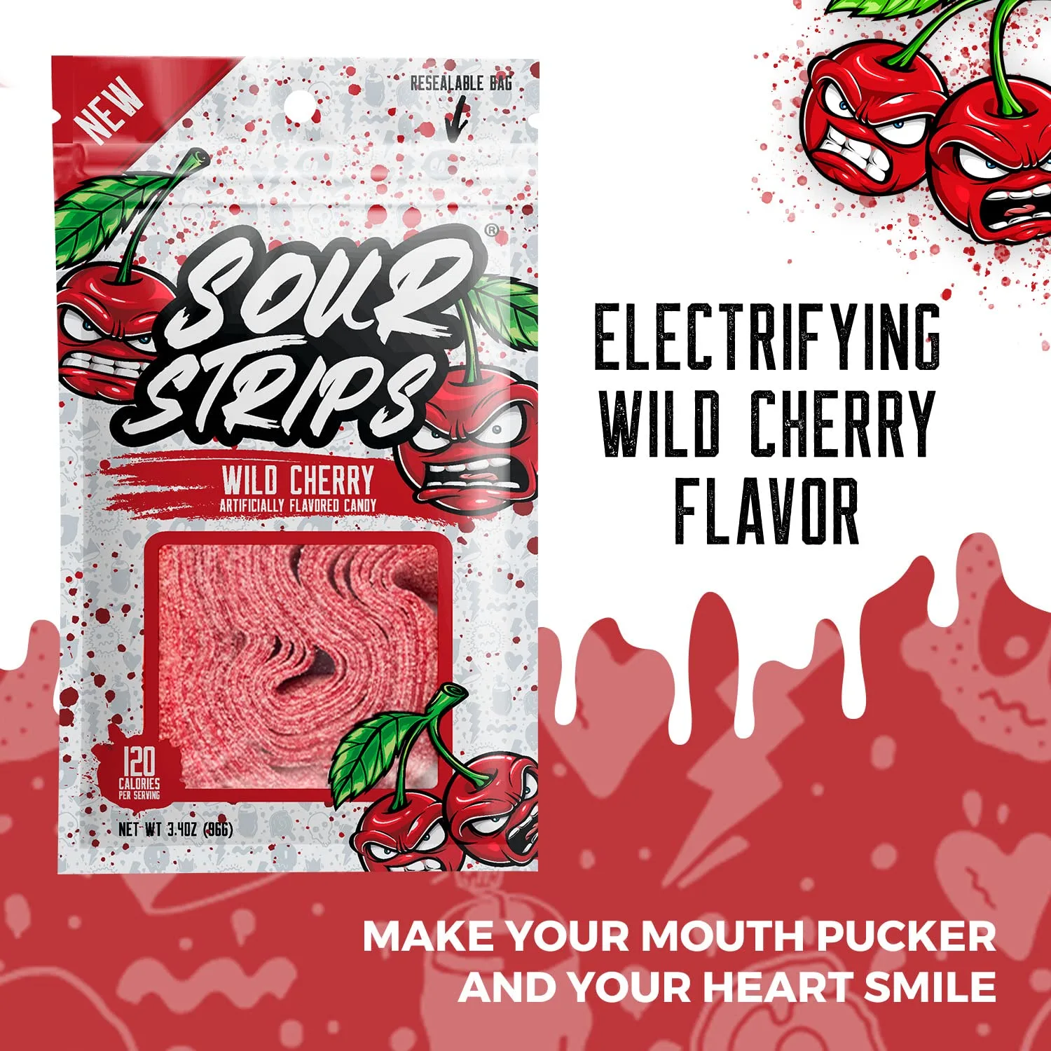 SOUR STRIPS Wild Cherry Flavored Candy | Deliciously Chewy Belts Vegetarian Candies, 12 per Pack, 2 Pack