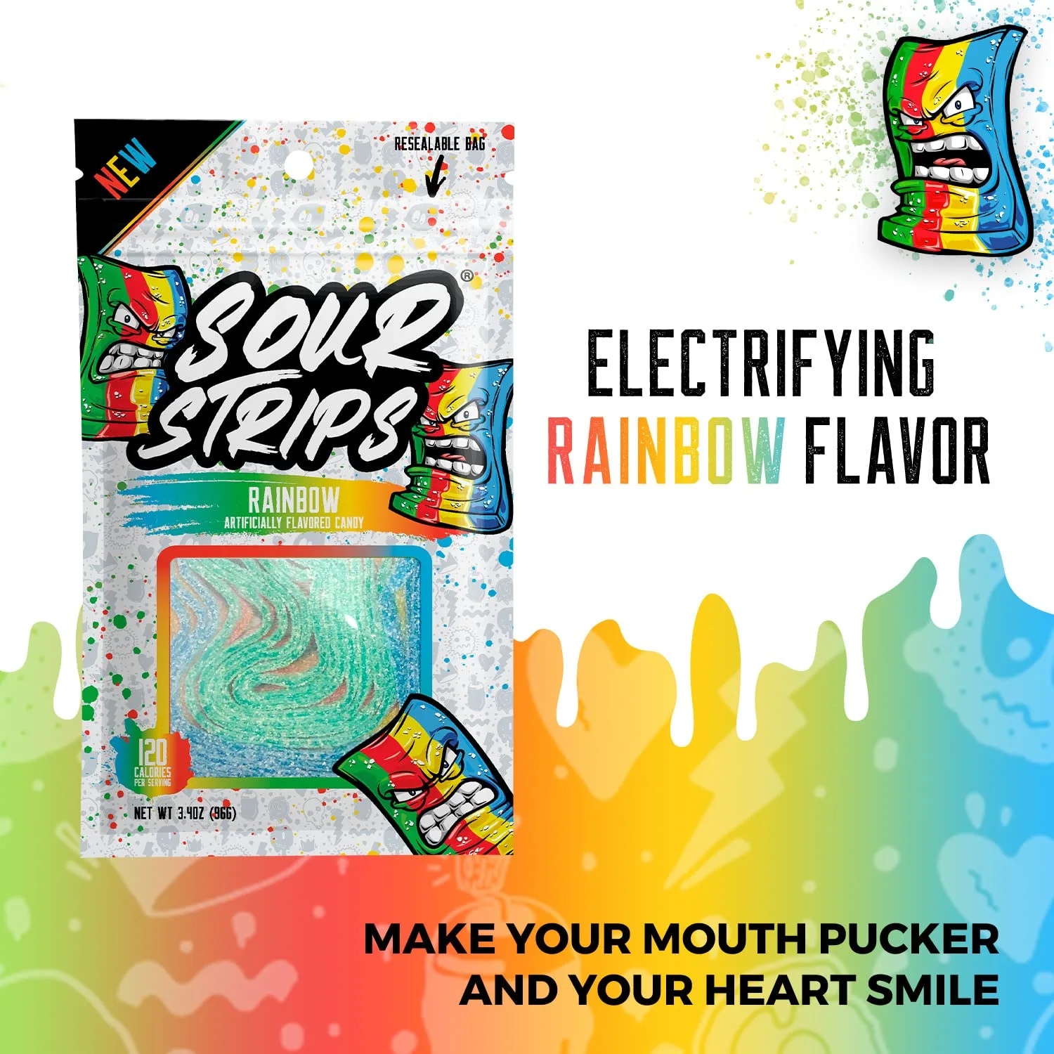 SOUR STRIPS Rainbow Flavored Sour Candy Strips | Deliciously Sour Chewy Candy Belts | Vegetarian Candies, 12 Strips per Pack, 2 Pack, 3.7 ounces