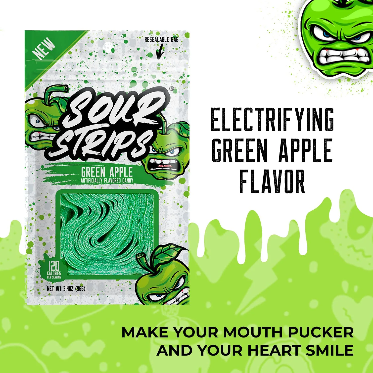 SOUR STRIPS Apple Flavored Sour Candy Strips, Deliciously Sour Chewy Candy Belts, Vegetarian Candies, 12 Strips per Pack, 2 Pack