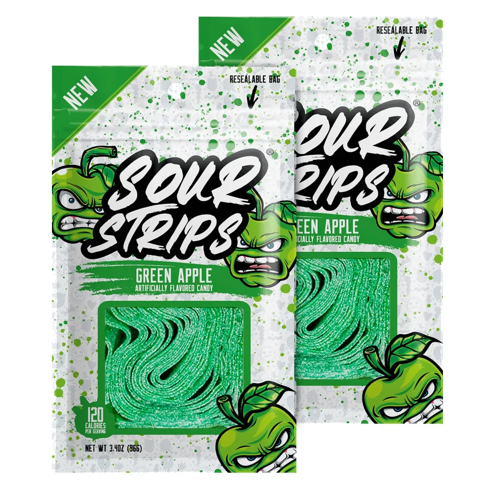 SOUR STRIPS Apple Flavored Sour Candy Strips, Deliciously Sour Chewy Candy Belts, Vegetarian Candies, 12 Strips per Pack, 2 Pack