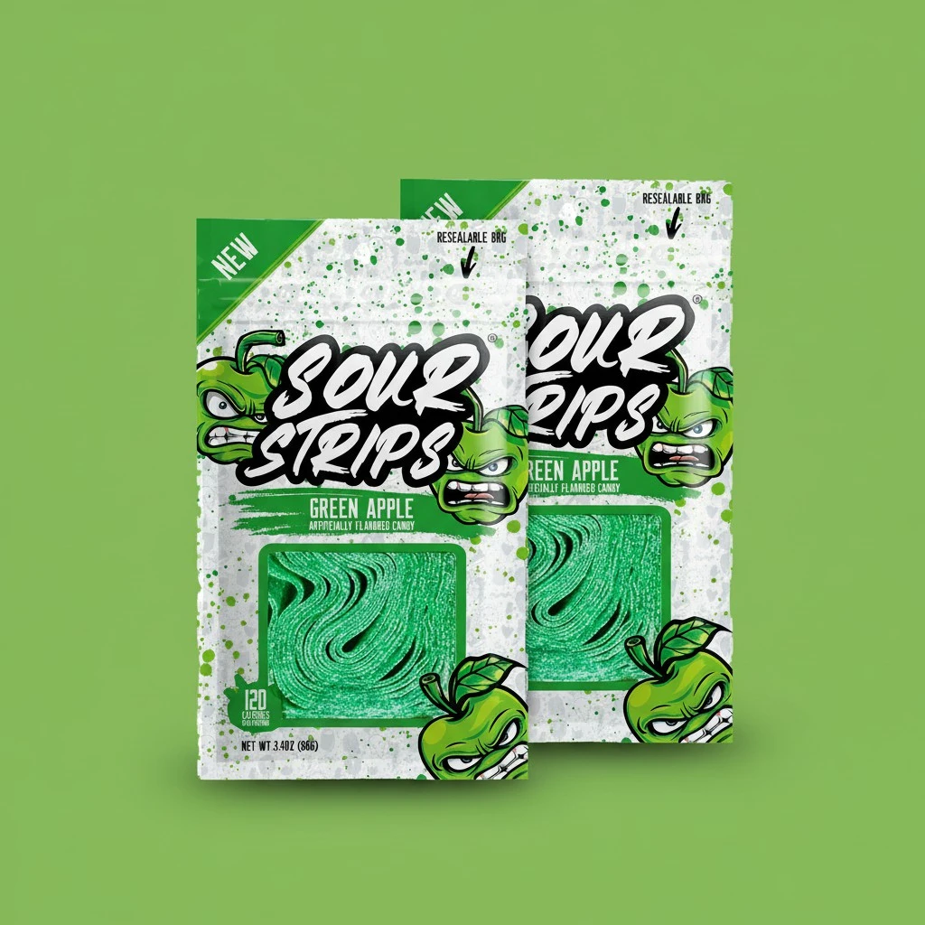 SOUR STRIPS Apple Flavored Sour Candy Strips, Deliciously Sour Chewy Candy Belts, Vegetarian Candies, 12 Strips per Pack, 2 Pack