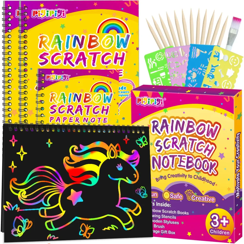 Pigipigi Art Craft Gift for Kids - 3 Pack Upgraded Rainbow Scratch Paper Notebook Black Magic Color Drawing Supplies Toy Set for 3-12 Year Old Boys Girls Birthday Party Favor Christmas Easter Activity