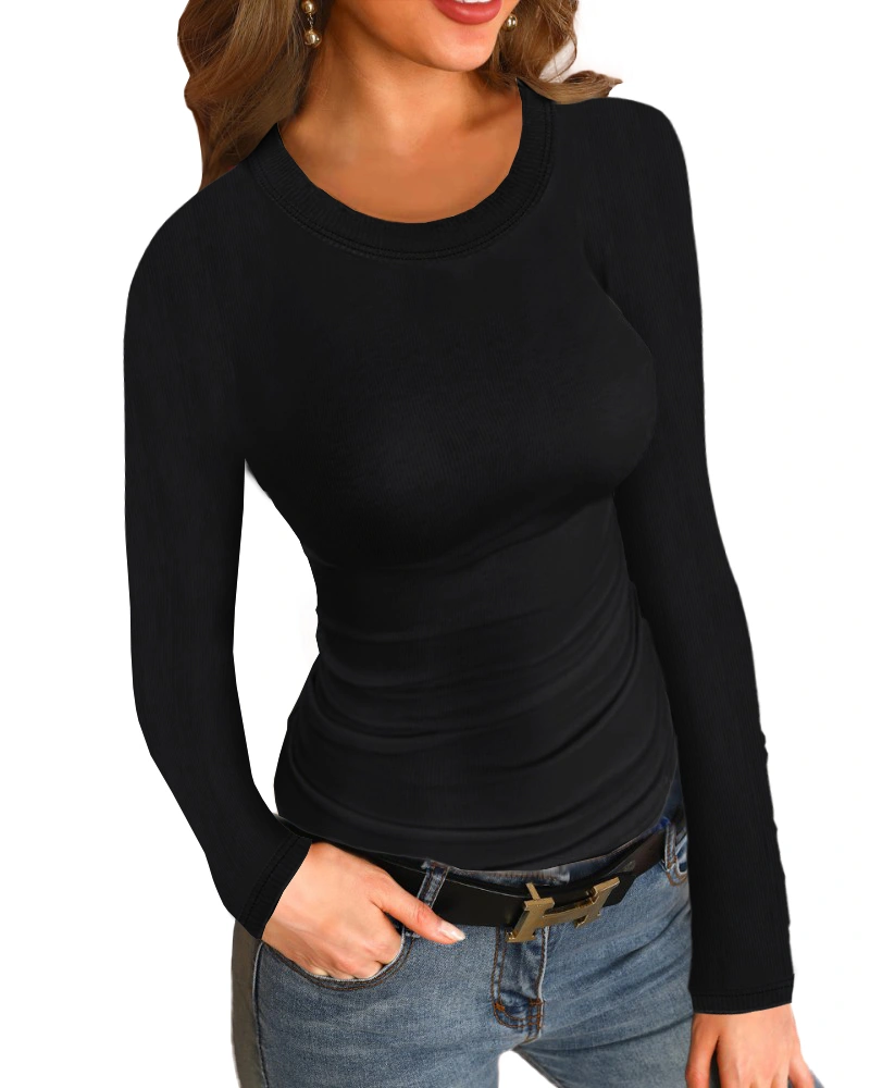 Womens Ribbed Long Sleeve Crewneck Shirts Fitted Sweaters Slim Fit Basic Casual Tops