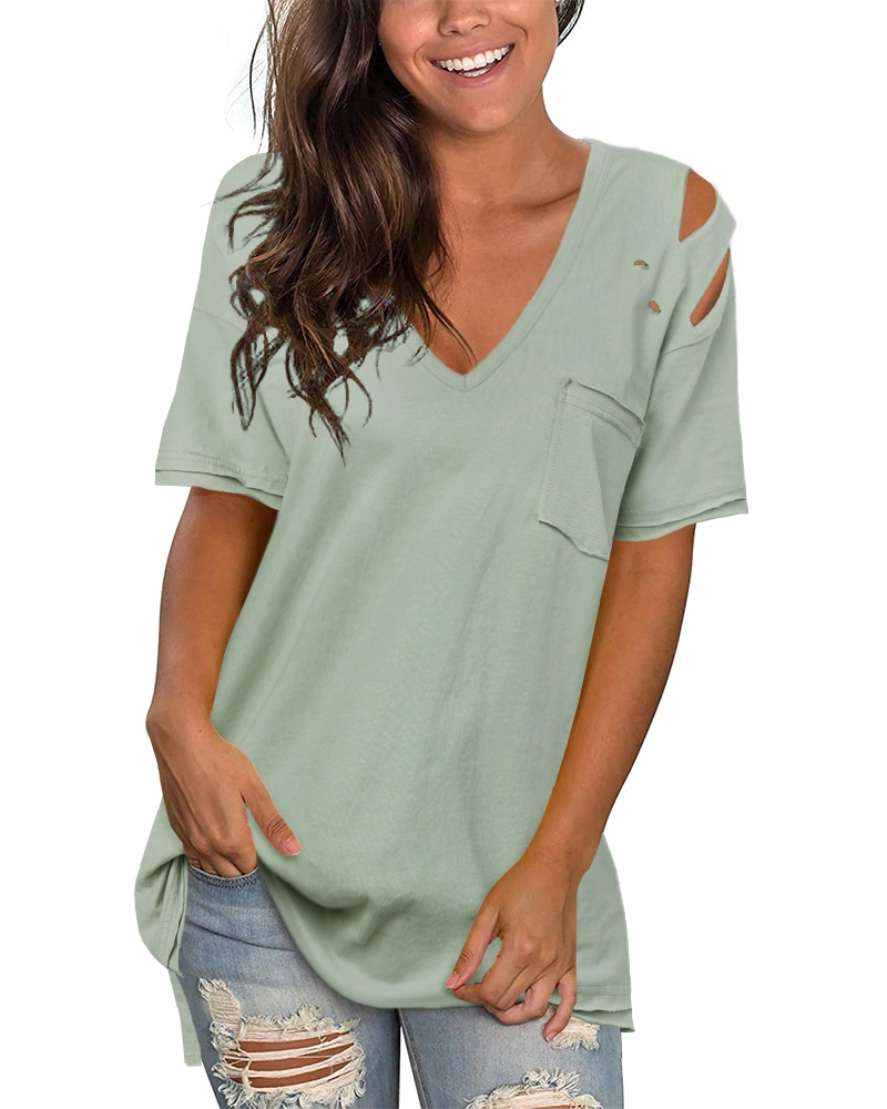 Imily Bela Womens V Neck Ripped T Shirts Summer Casual Short Sleeve Side Slit Tops with Pocket