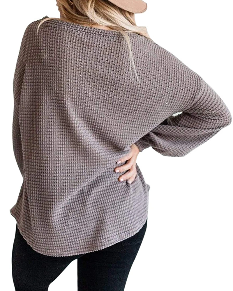 Womens Oversized Waffle Casual Sweatshirts Long Puff Sleeve Drop Shoulder Lightweight Sweaters