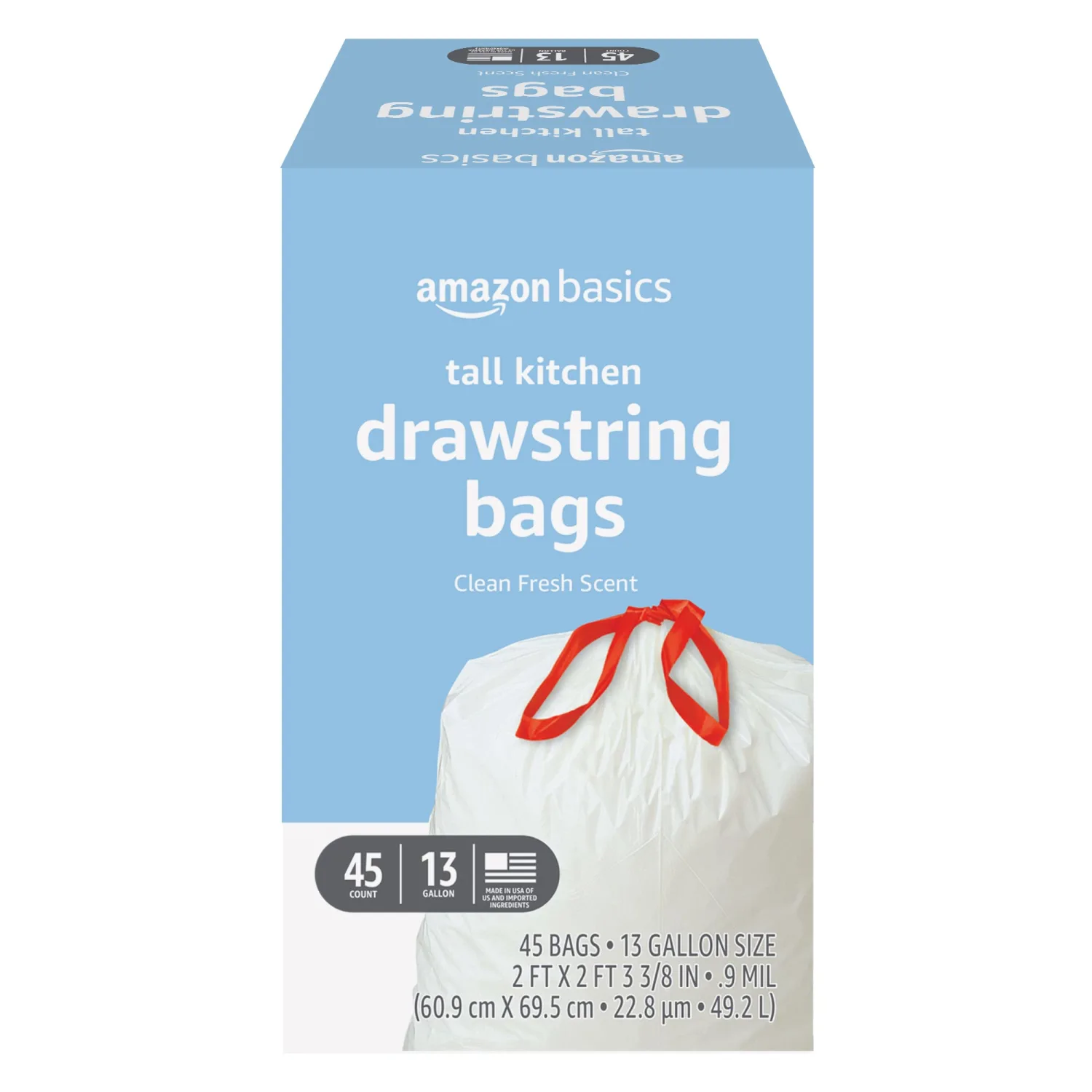 Amazon Basics Tall Kitchen Drawstring Trash Bags, Clean Fresh Scent, 13 Gallon, 45 Count