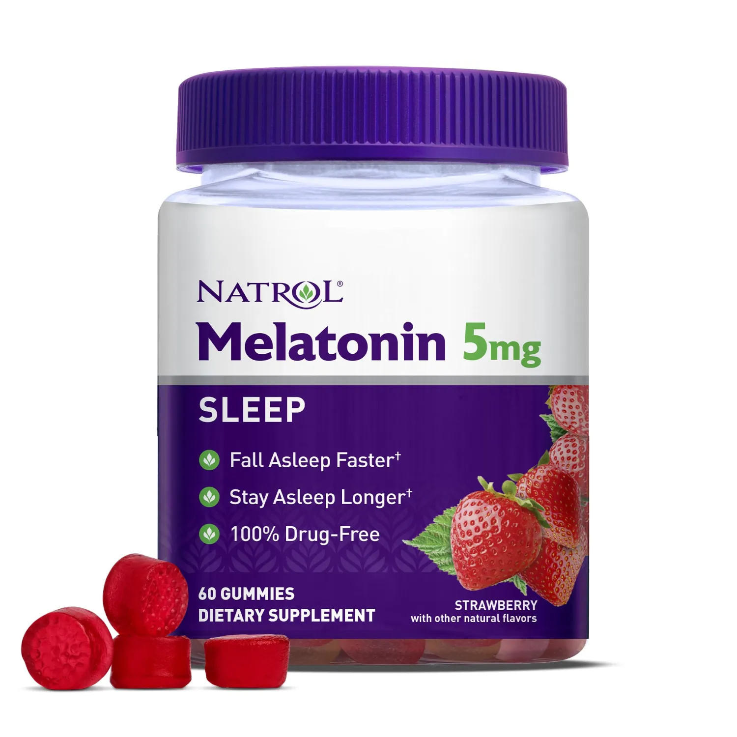 Natrol Melatonin 5mg, Dietary Supplement for Restful Sleep, 60 Strawberry-Flavored Gummies, 60 Day Supply