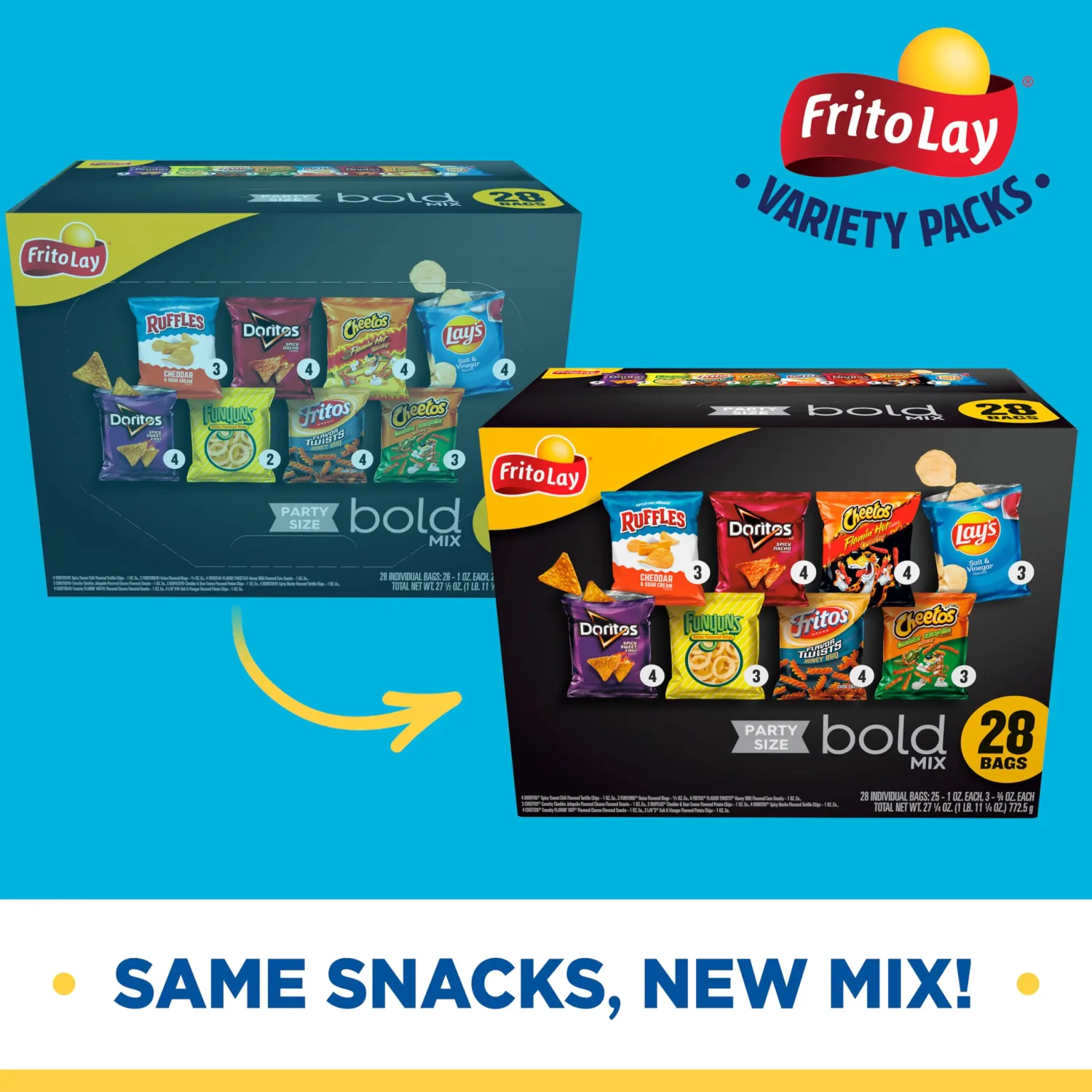 Frito-Lay Snacks Bold Mix Chips Variety Pack, Doritos, Cheetos, Funyuns, Lay's, Ruffles, 28 Count (Pack of 1)(Assortment May Vary)