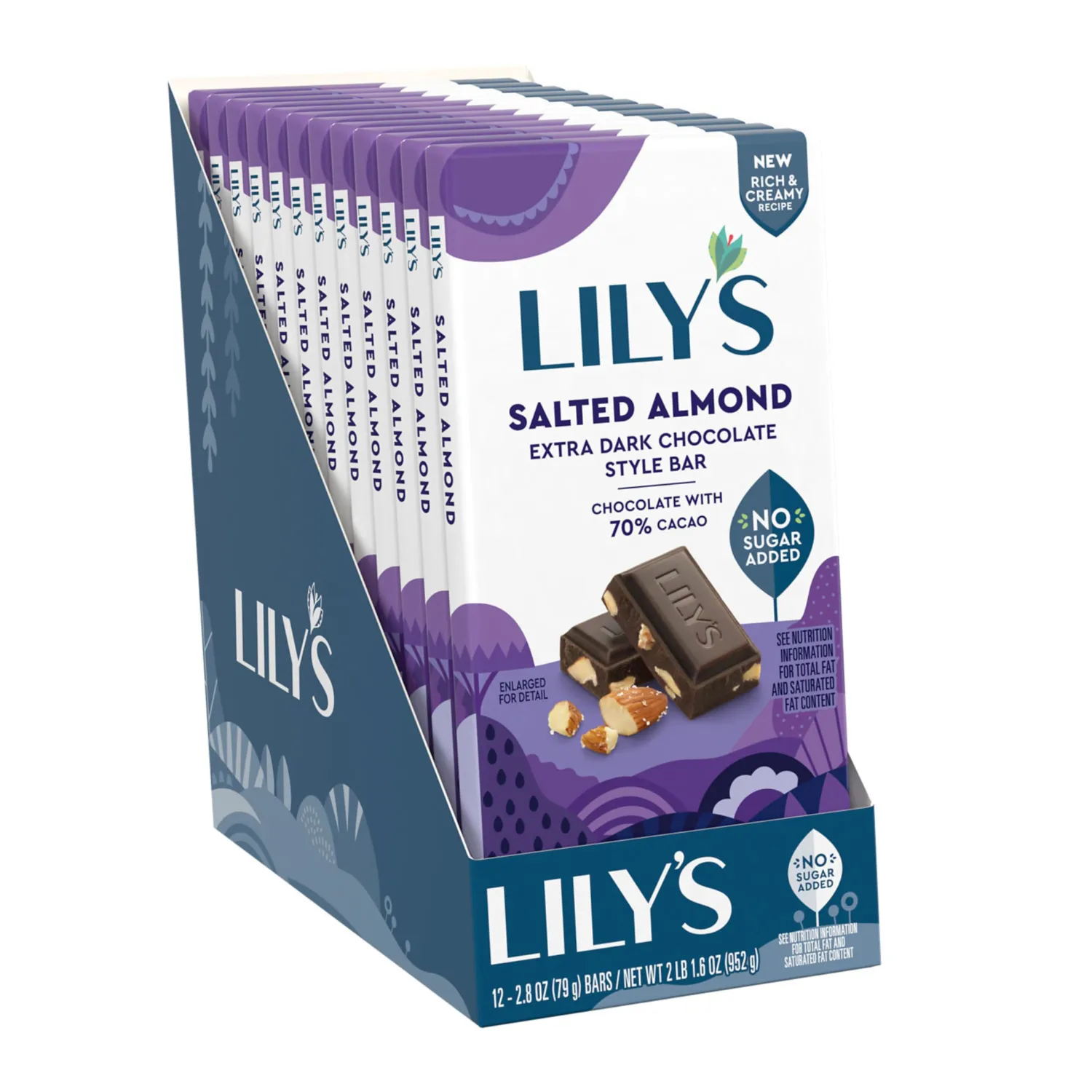 LILY'S Salted Almond Extra Dark Chocolate Style No Sugar Added, Sweets Bars, 2.8 oz (12 Count)