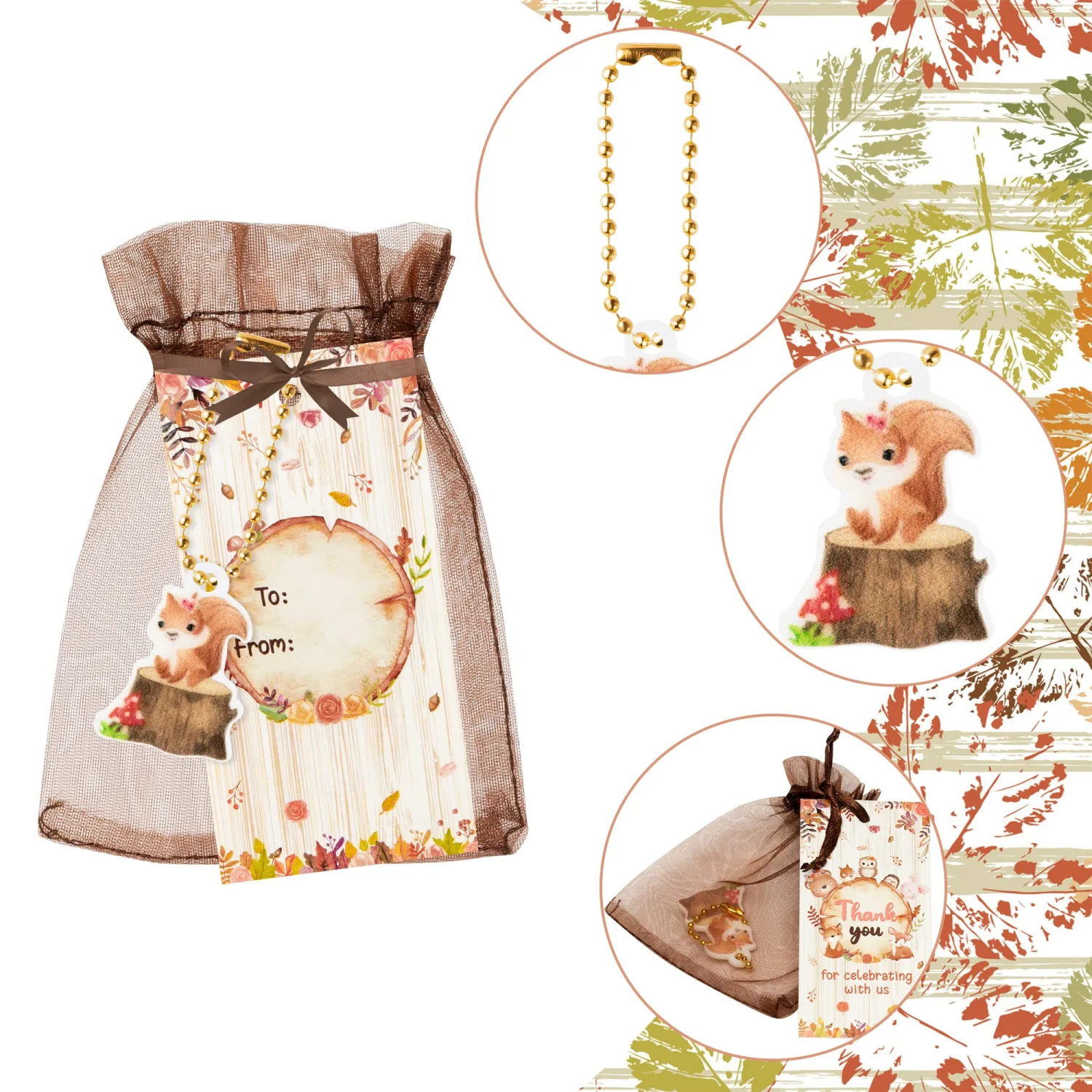 OSNIE Floral Woodland Animal Party Favors Include Keychains Organza Bags Thank You Kraft Tags Woodland Creatures Party Supplies for School Rewards Bridal Wedding Baby Shower Return Gifts, 24 Sets
