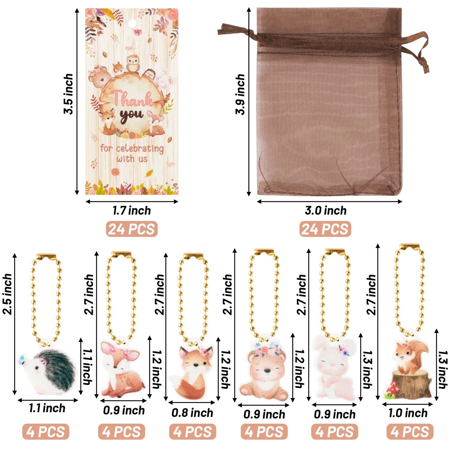 OSNIE Floral Woodland Animal Party Favors Include Keychains Organza Bags Thank You Kraft Tags Woodland Creatures Party Supplies for School Rewards Bridal Wedding Baby Shower Return Gifts, 24 Sets