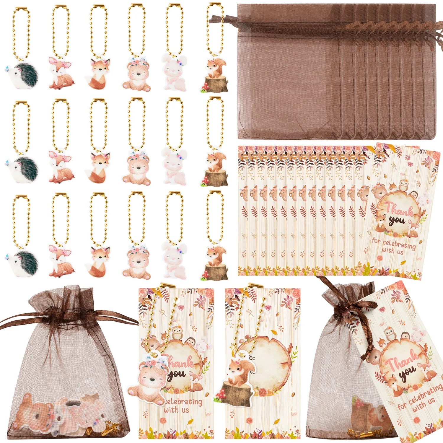 OSNIE Floral Woodland Animal Party Favors Include Keychains Organza Bags Thank You Kraft Tags Woodland Creatures Party Supplies for School Rewards Bridal Wedding Baby Shower Return Gifts, 24 Sets