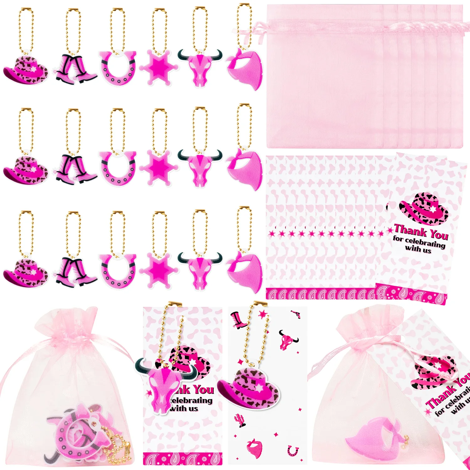 OSNIE 24Sets Career Party Favors, Joyful Acrylic Keychains Organza Bags Thank You Tags for Kids Shower Bridal Wedding Gifts