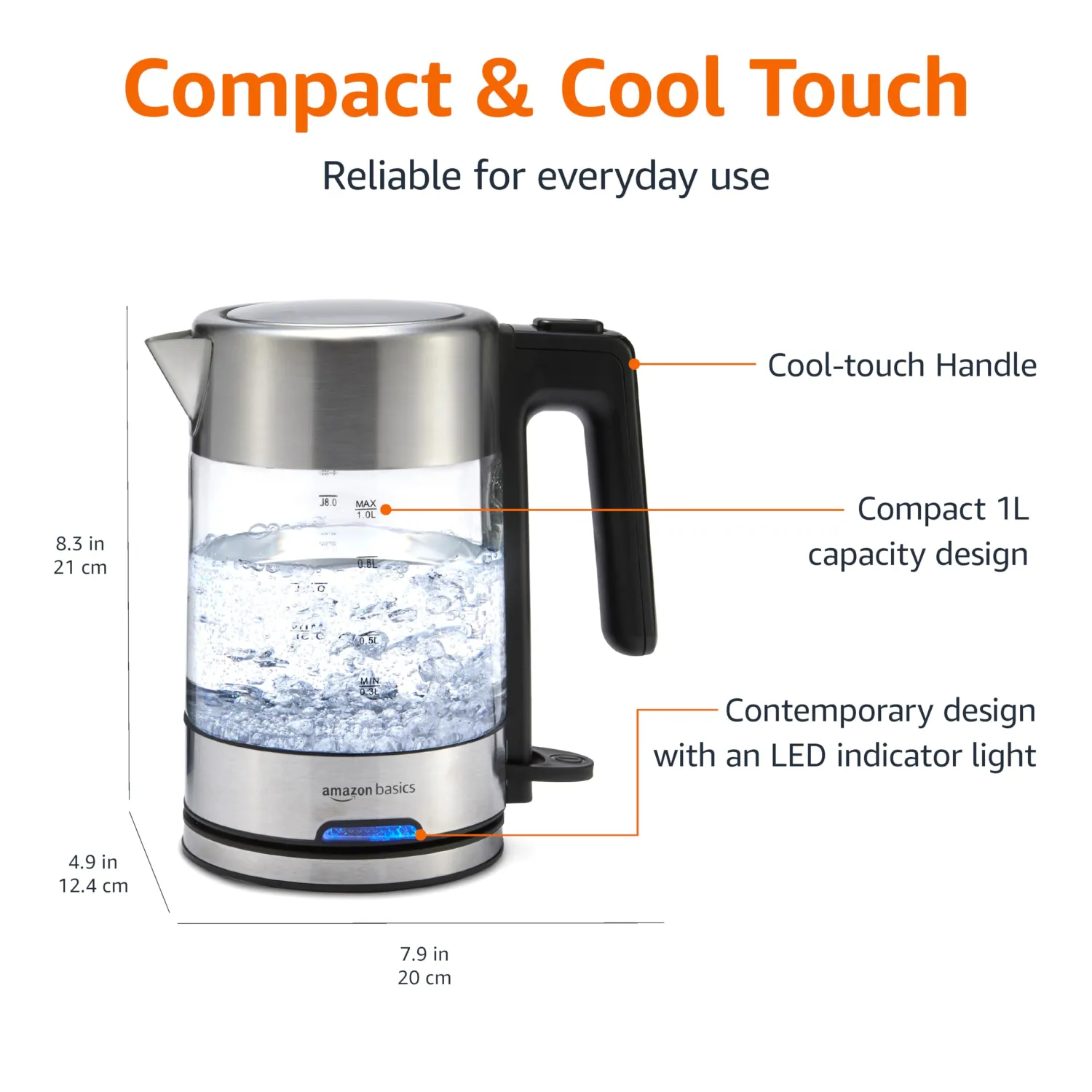 Amazon Basics 1.1-Qt (1.0L) Electric Kettle, Electric Tea Kettle & Water Boiler, With Auto Shut-Off, Boil Dry Protection, High-Safety Strix Thermostat, BPA-Free, 1500W, Glass Carafe, Black & Silver