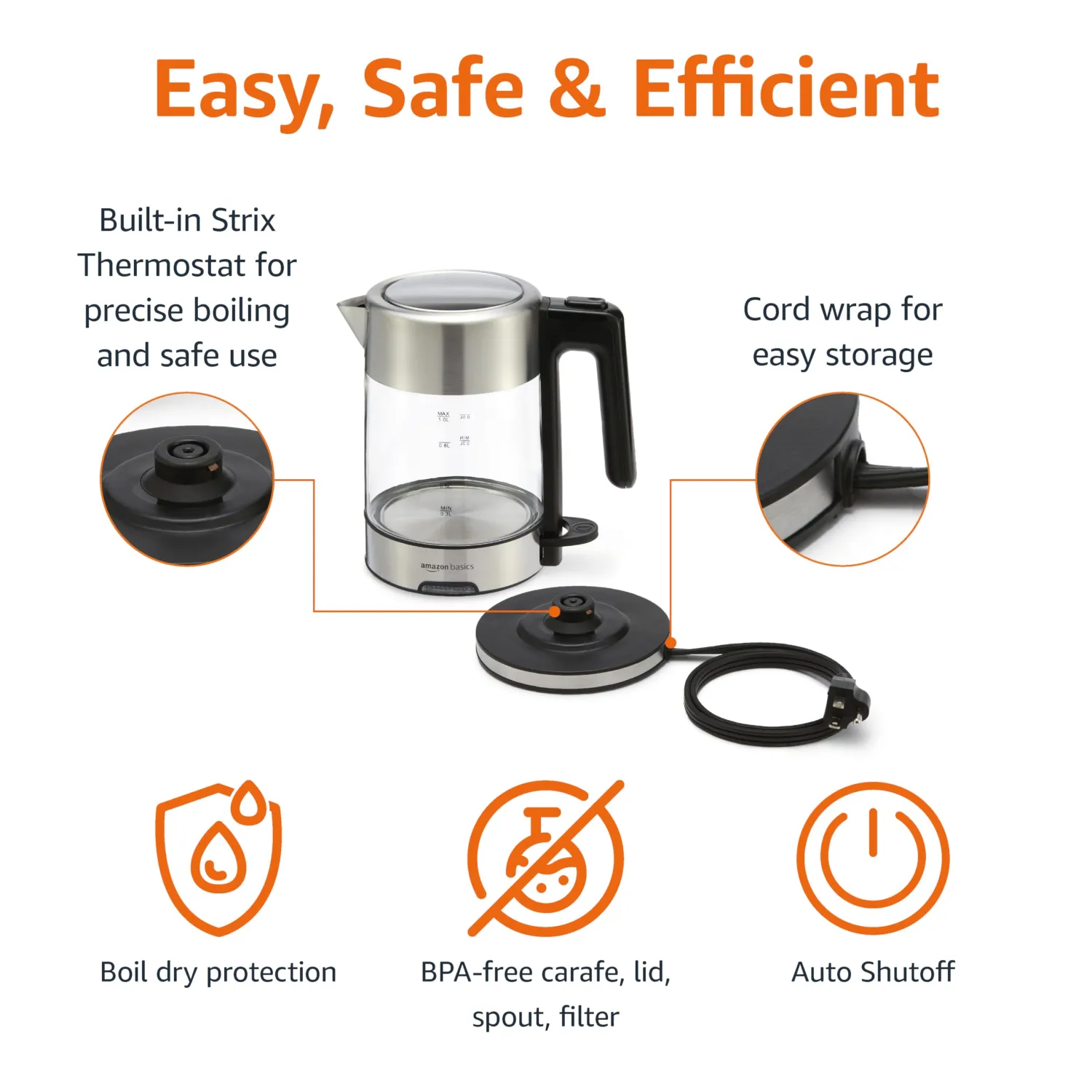 Amazon Basics 1.1-Qt (1.0L) Electric Kettle, Electric Tea Kettle & Water Boiler, With Auto Shut-Off, Boil Dry Protection, High-Safety Strix Thermostat, BPA-Free, 1500W, Glass Carafe, Black & Silver
