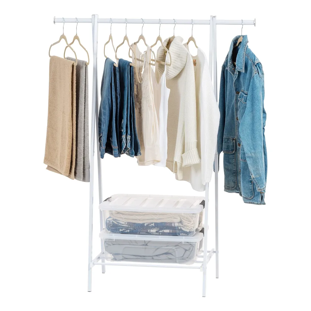 IRIS USA Clothes Rack for Hanging Clothes with Shelf, Freestanding Clothing Rack, Easy to Assemble Garment Rack, Metal, Sturdy Design, Multipurpose, Small Space Storage Solution, White